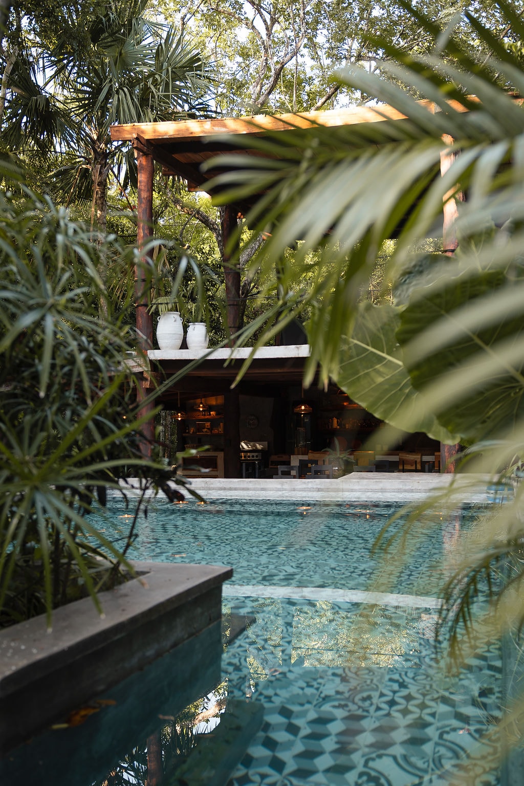 Pool and pergola surrounded by tropical jungle at Casa Tattva