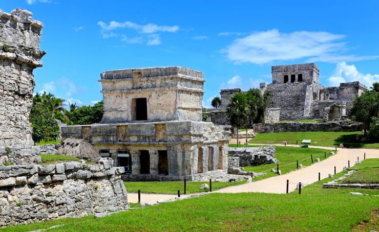 Temple of the Frescoes and El Castillo at the Tulum archaeological site