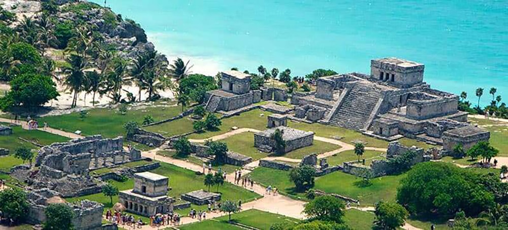 Aerial view of Tulum ruins complex overlooking the Caribbean coast